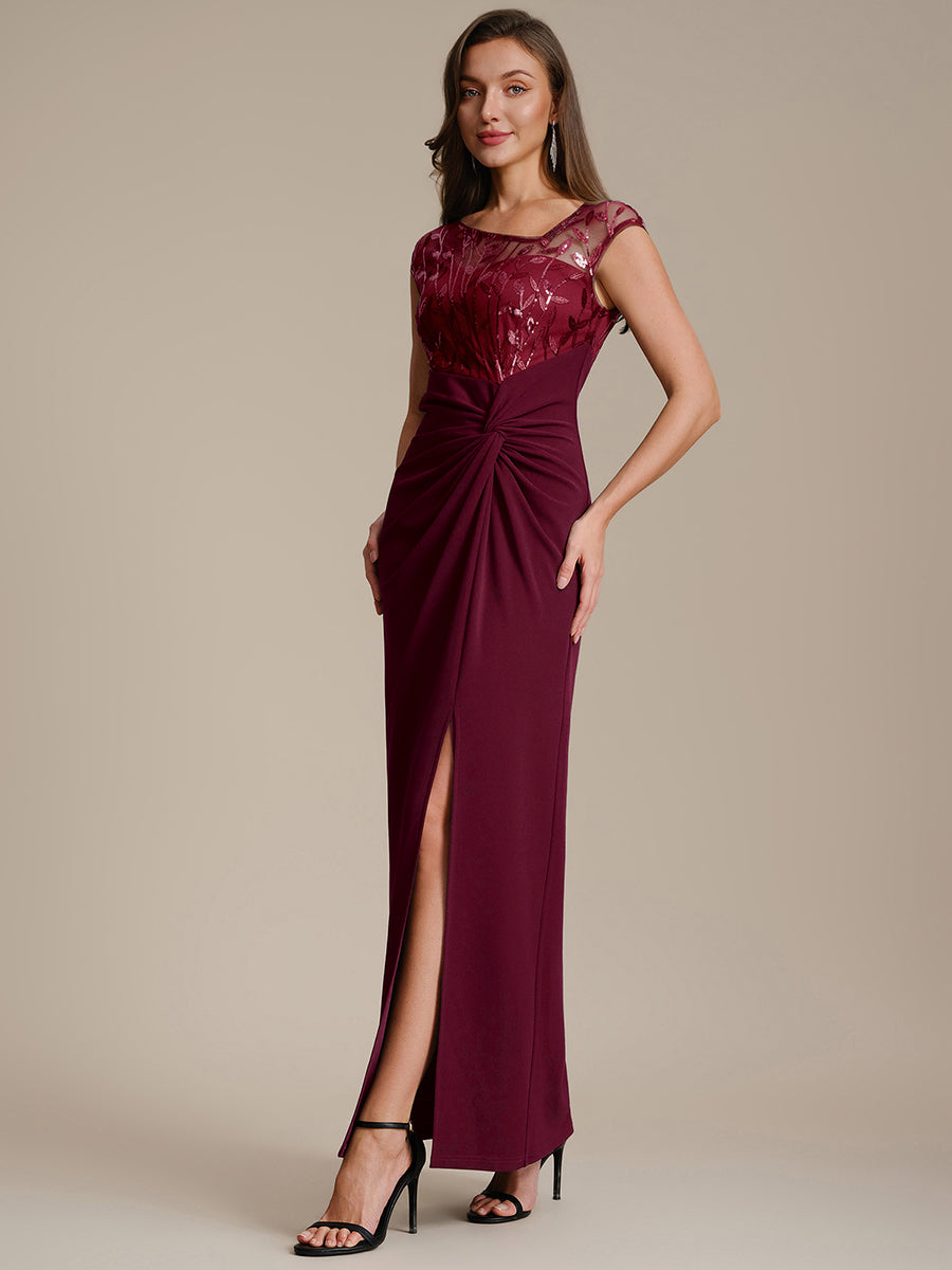 Knotted Crepe Cap Sleeve Wedding Guest Dress #color_Burgundy
