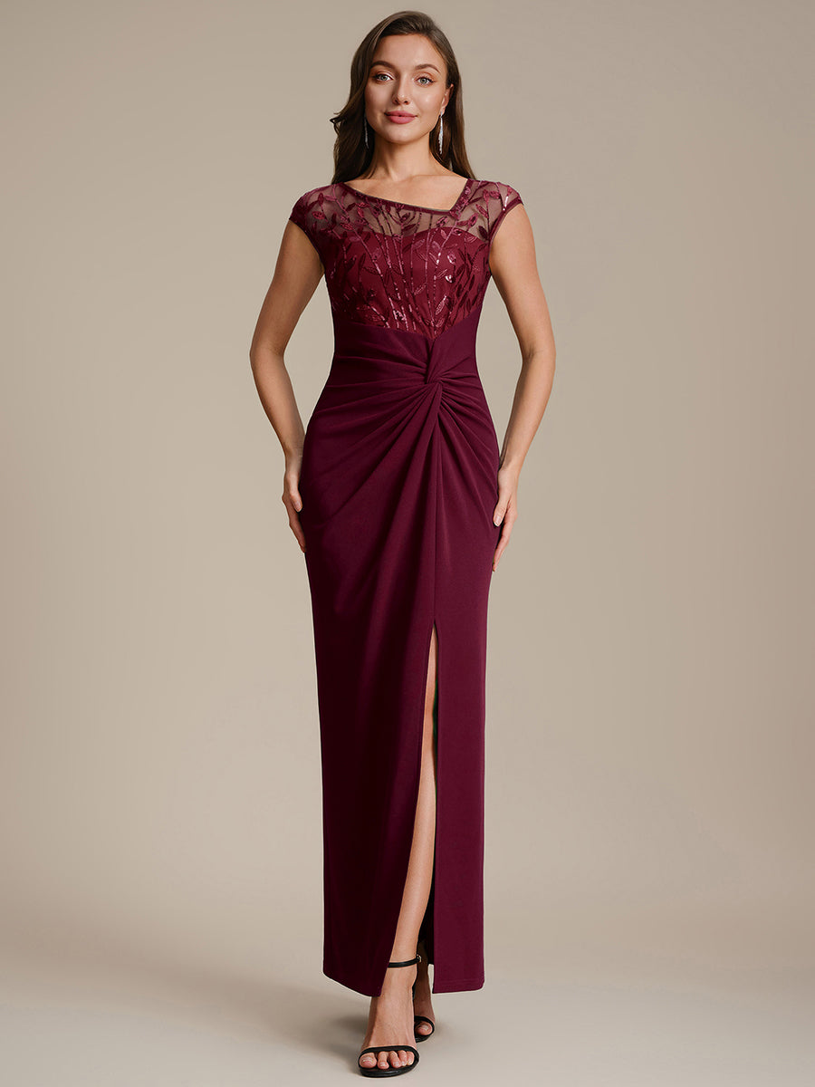 Knotted Crepe Cap Sleeve Wedding Guest Dress #color_Burgundy