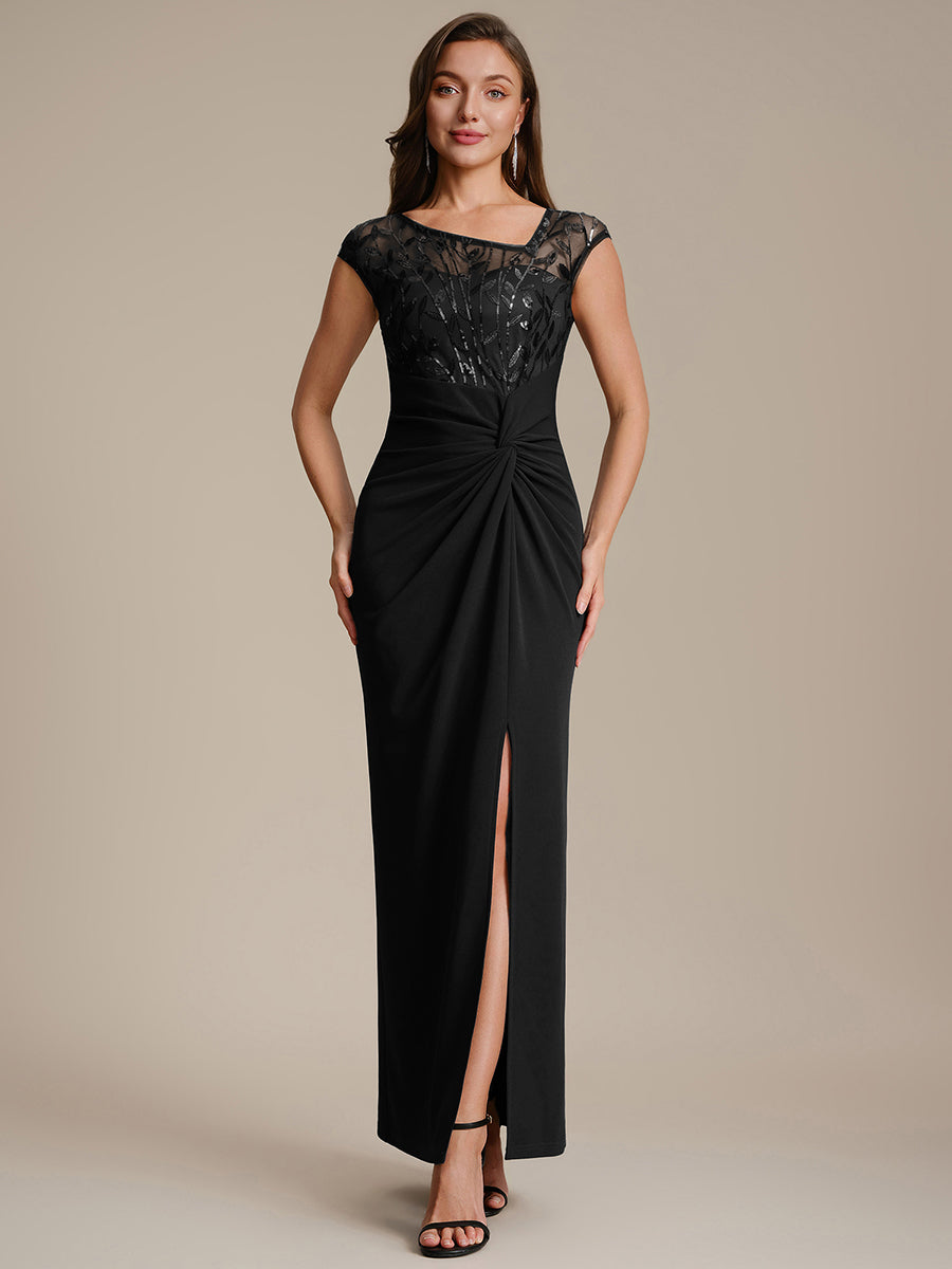 Knotted Crepe Cap Sleeve Wedding Guest Dress #color_Black