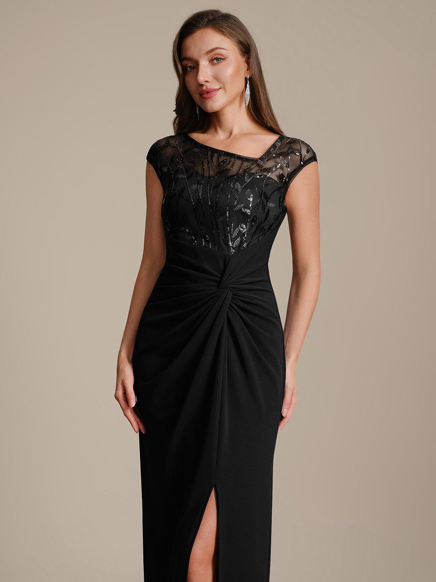 Knotted Crepe Cap Sleeve Wedding Guest Dress #color_Black