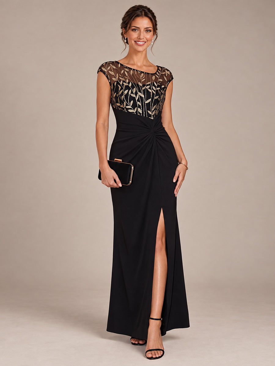 Knotted Crepe Cap Sleeve Wedding Guest Dress #color_Black & Gold
