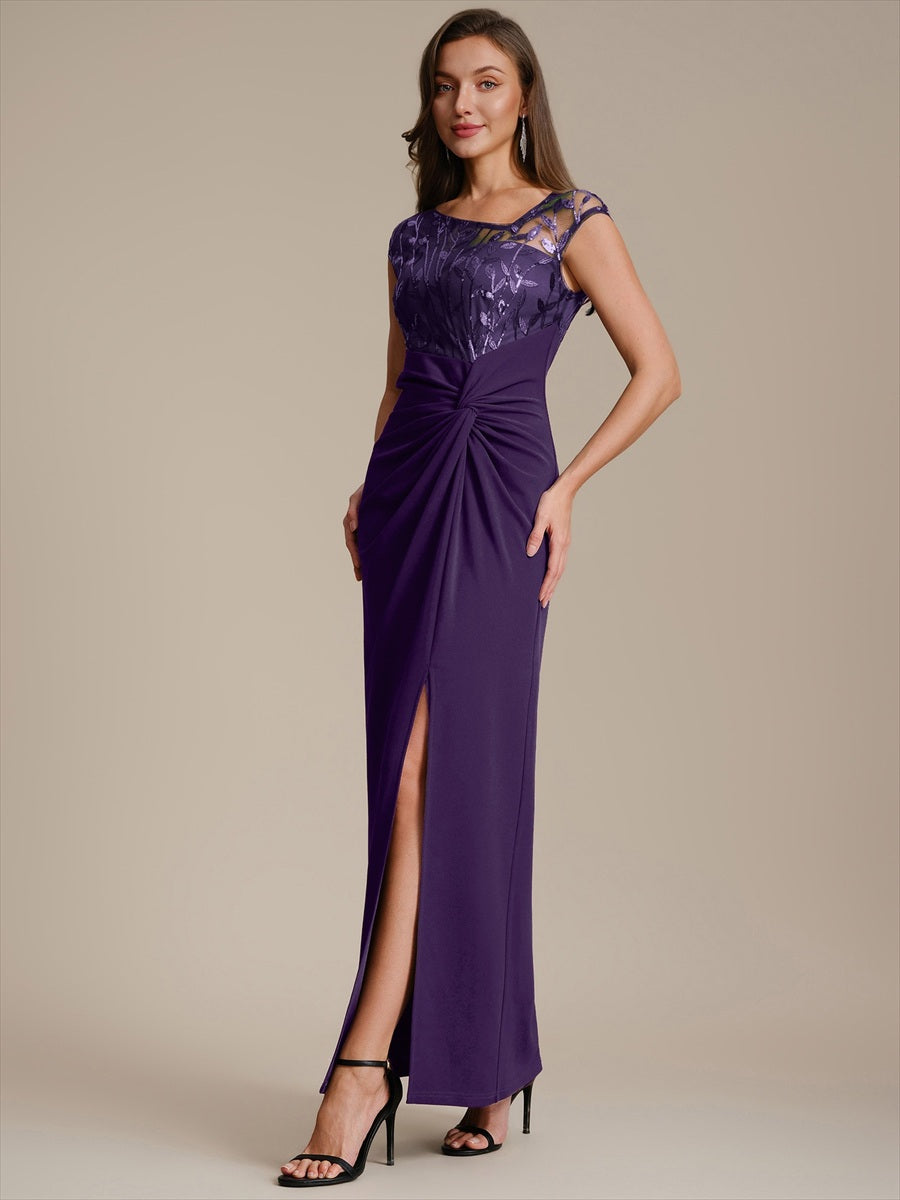 Knotted Crepe Cap Sleeve Wedding Guest Dress #color_Dark Purple