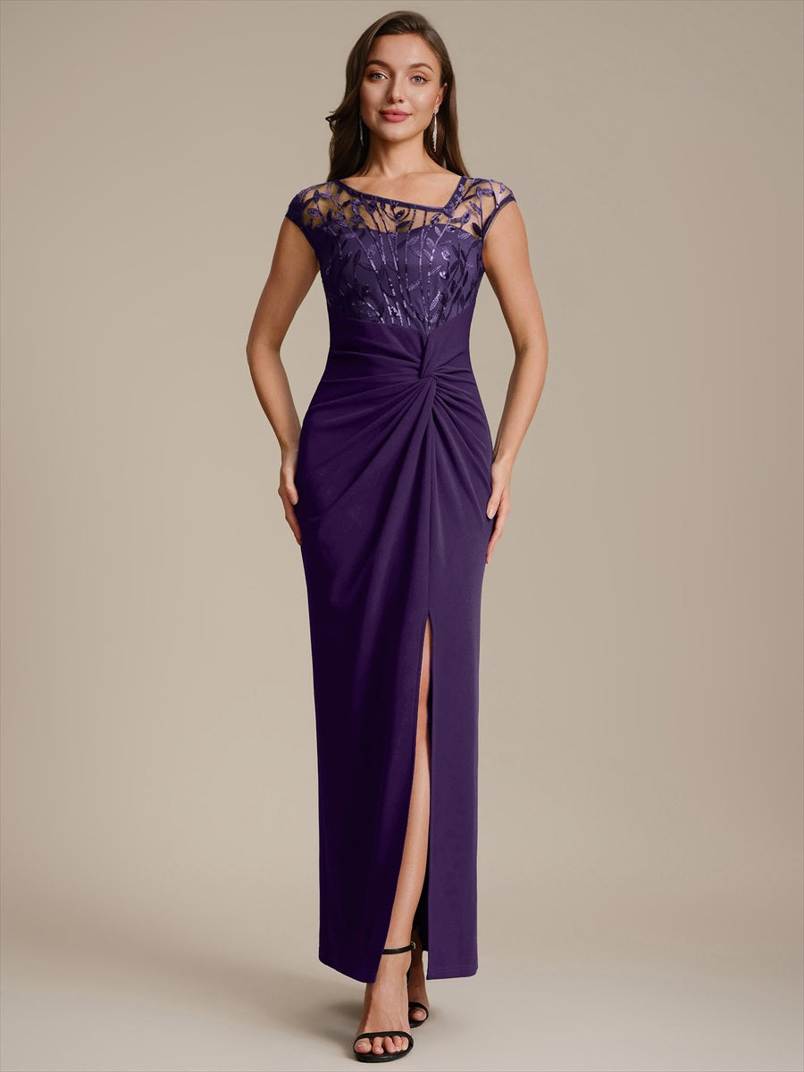 Knotted Crepe Cap Sleeve Wedding Guest Dress #color_Dark Purple