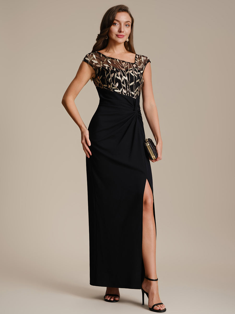 Knotted Crepe Cap Sleeve Wedding Guest Dress #color_Black & Gold