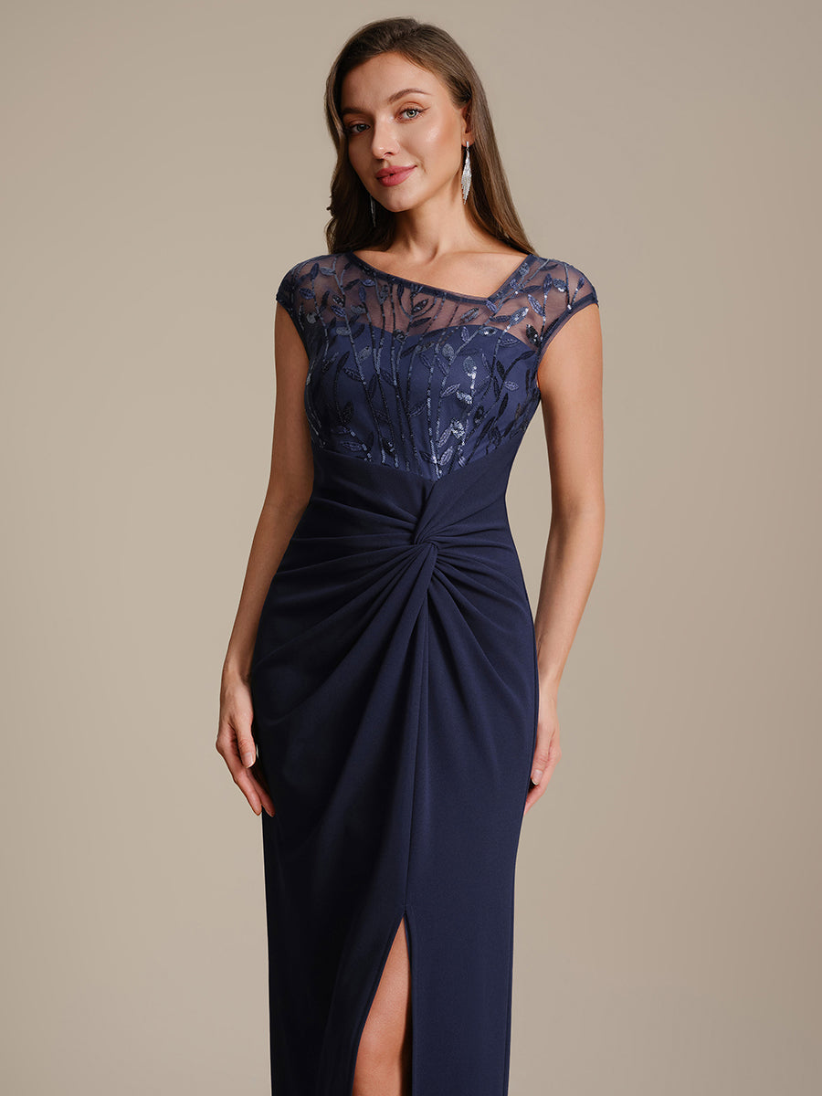 Knotted Crepe Cap Sleeve Wedding Guest Dress #color_Navy Blue