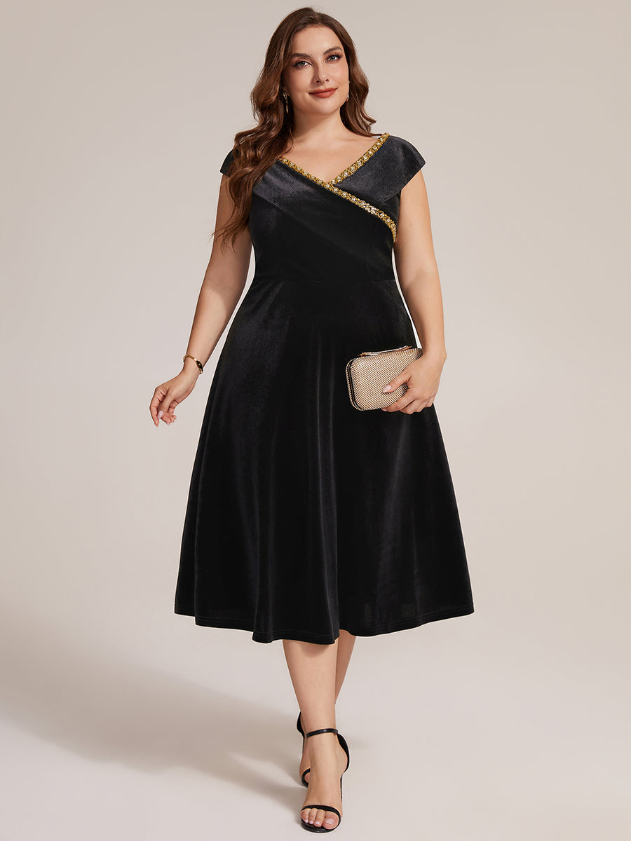 Velvet Cap Sleeve A-Line Wedding Guest Dress #color_Black