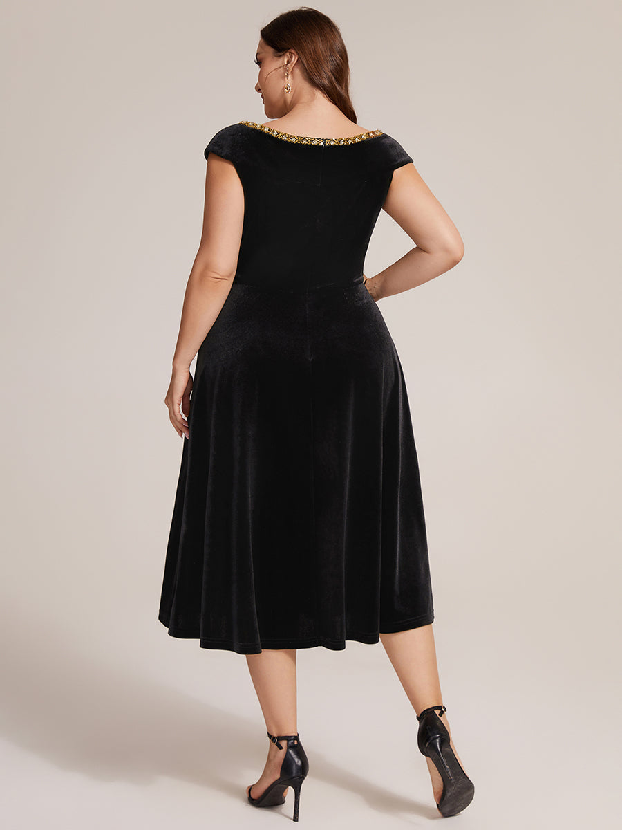 Plus Size Velvet Cap Sleeve Wedding Guest Dress #color_Black
