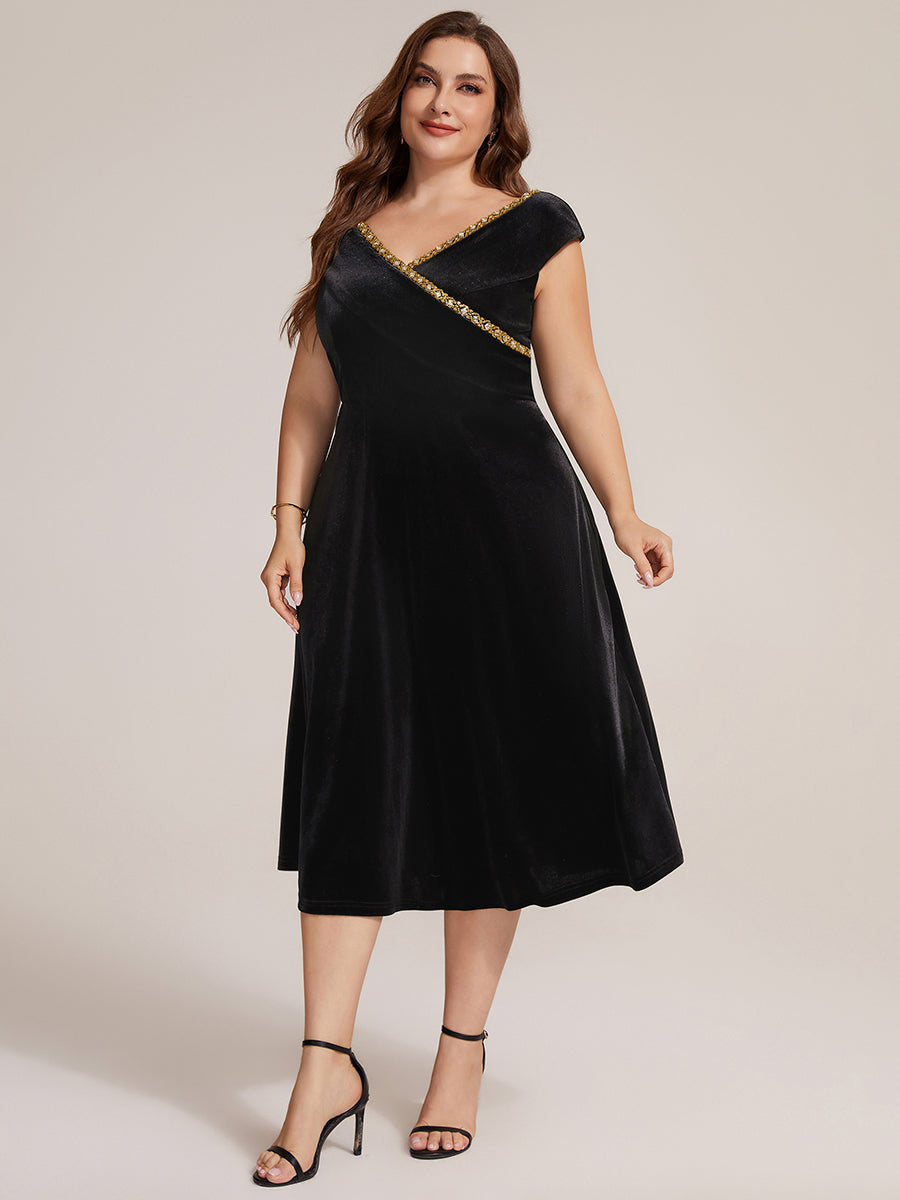 Plus Size Velvet Cap Sleeve Wedding Guest Dress #color_Black