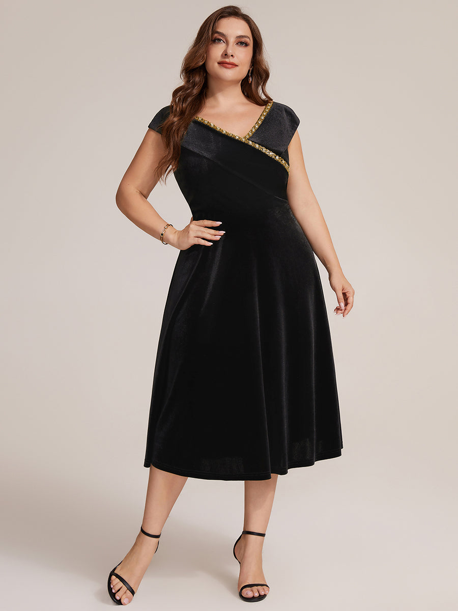 Plus Size Velvet Cap Sleeve Wedding Guest Dress #color_Black