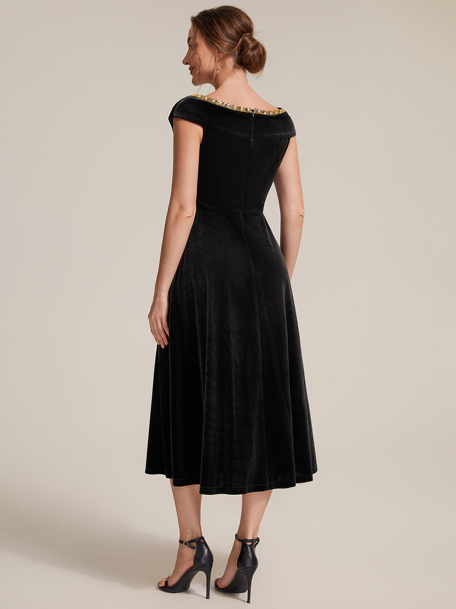 Velvet Cap Sleeve A-Line Wedding Guest Dress #color_Black