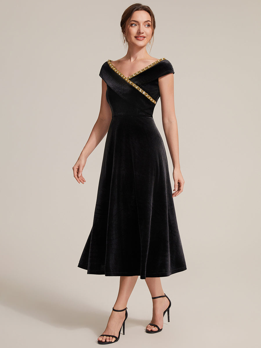 Velvet Cap Sleeve A-Line Wedding Guest Dress #color_Black