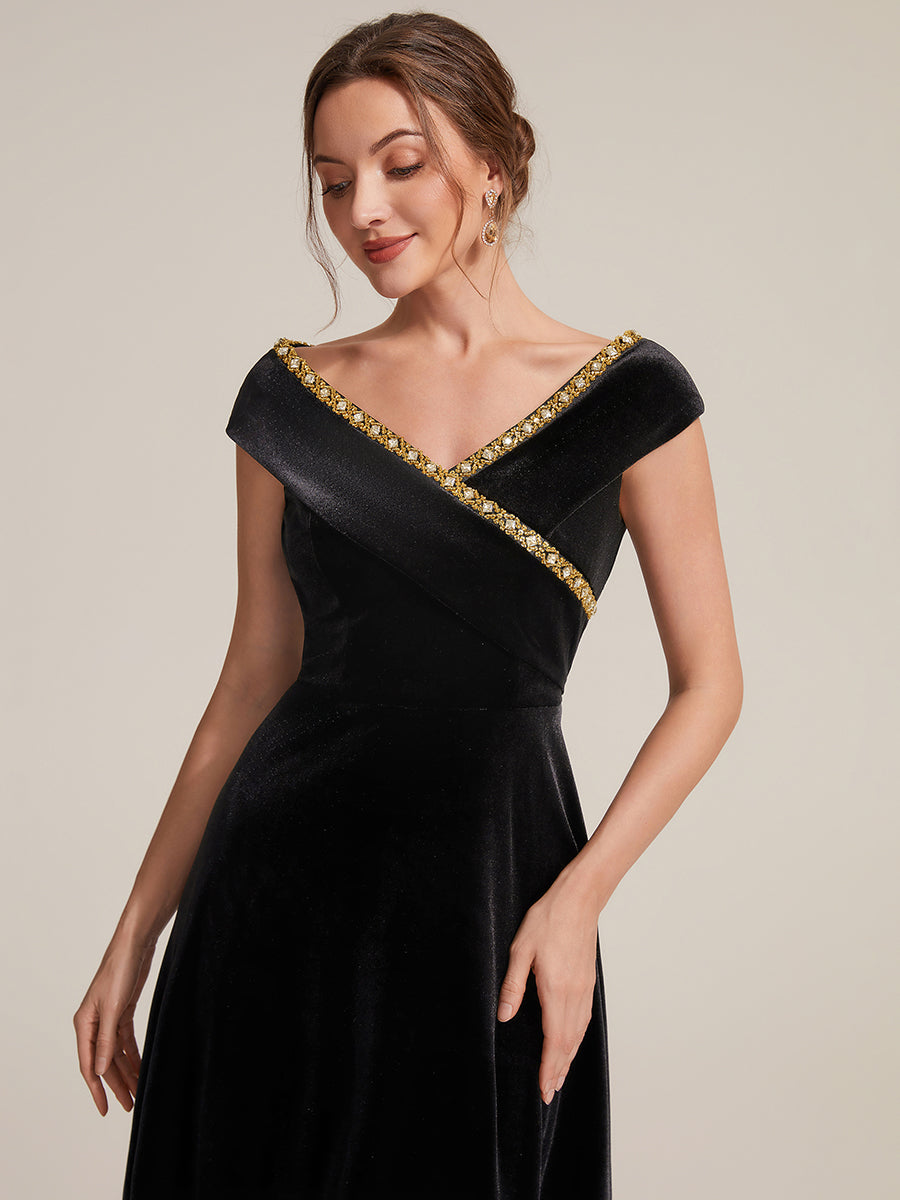 Velvet Cap Sleeve A-Line Wedding Guest Dress #color_Black