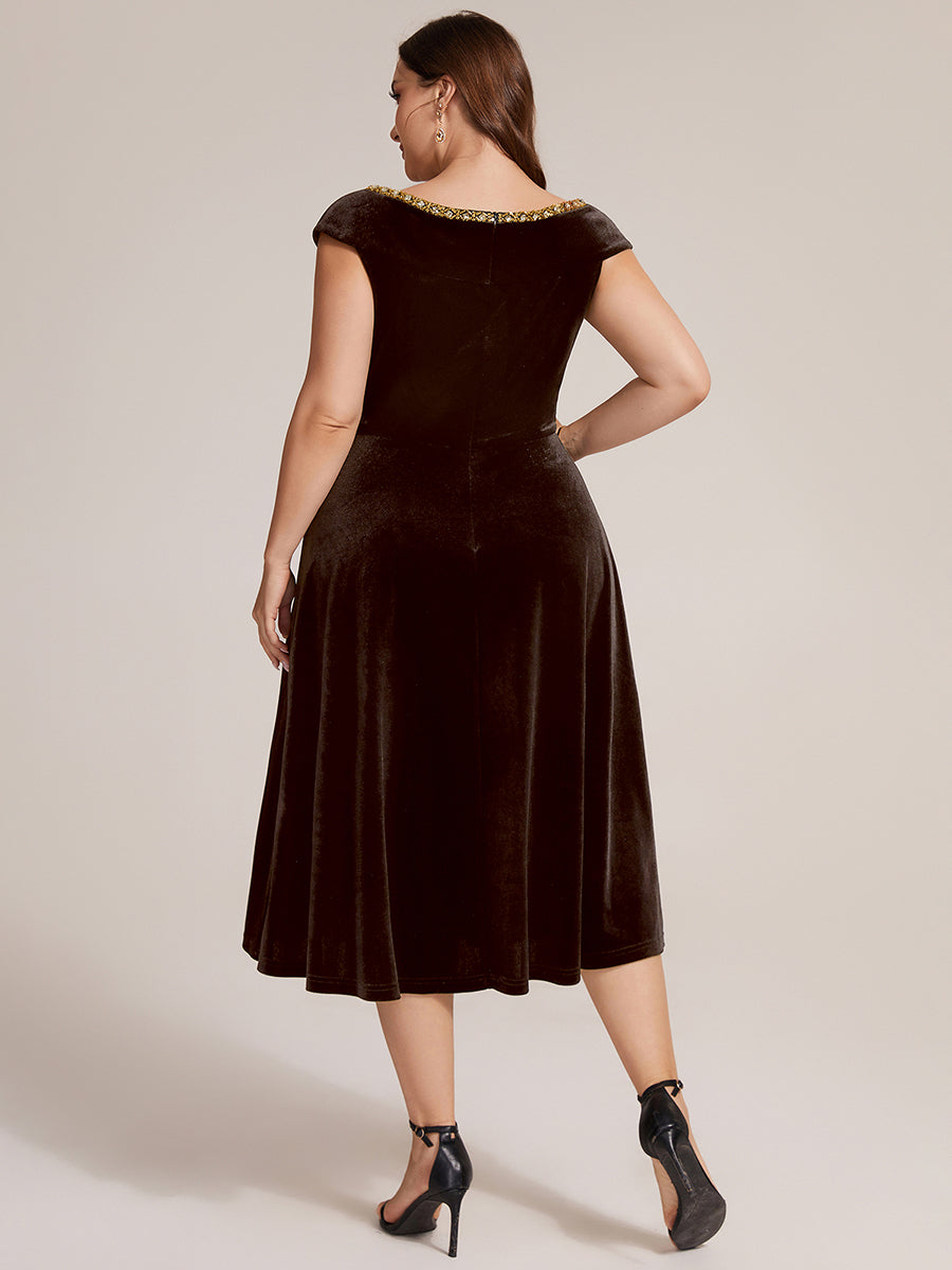 Plus Size Velvet Cap Sleeve Wedding Guest Dress #color_Brown