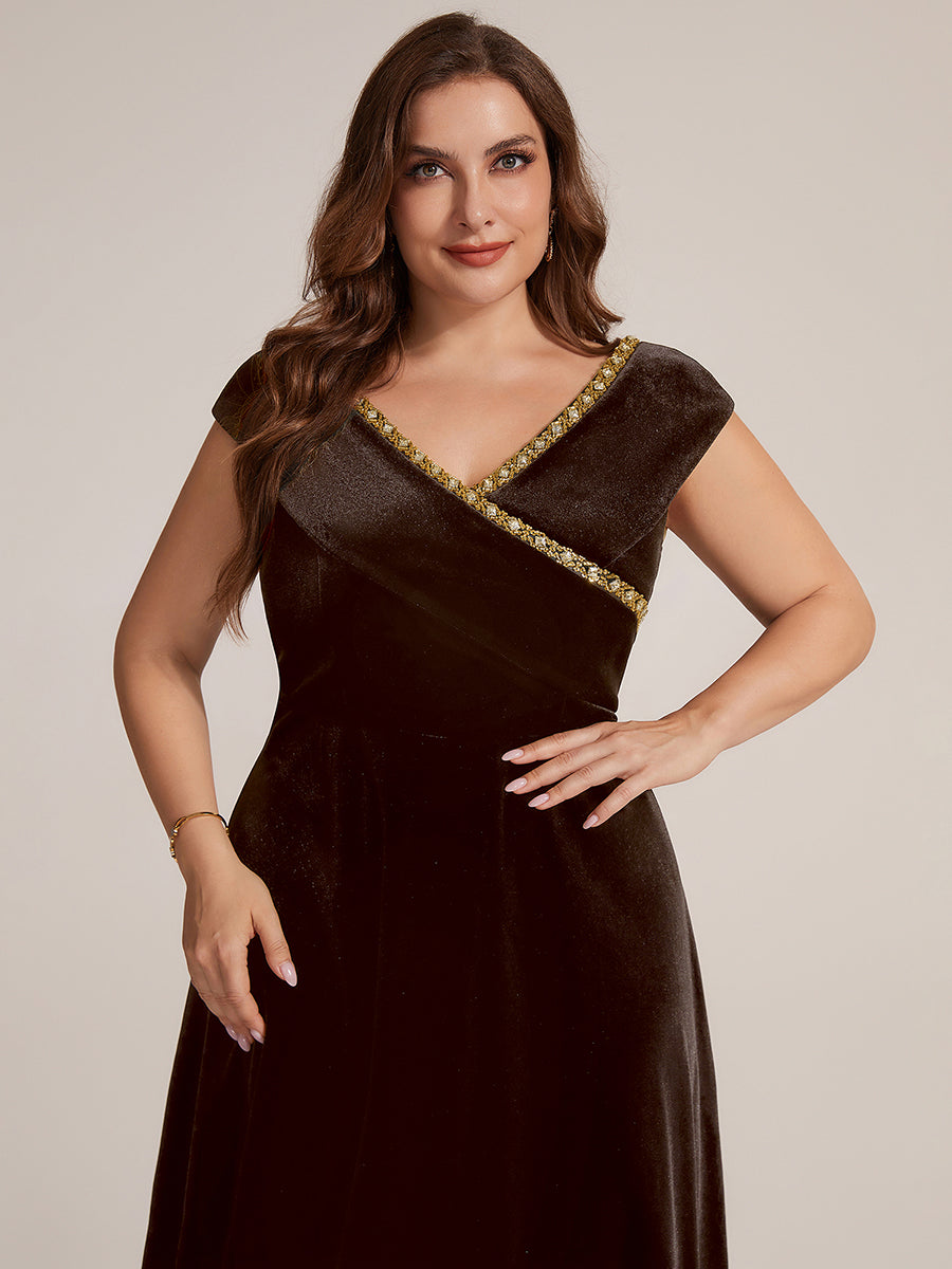 Velvet Cap Sleeve A-Line Wedding Guest Dress #color_Brown