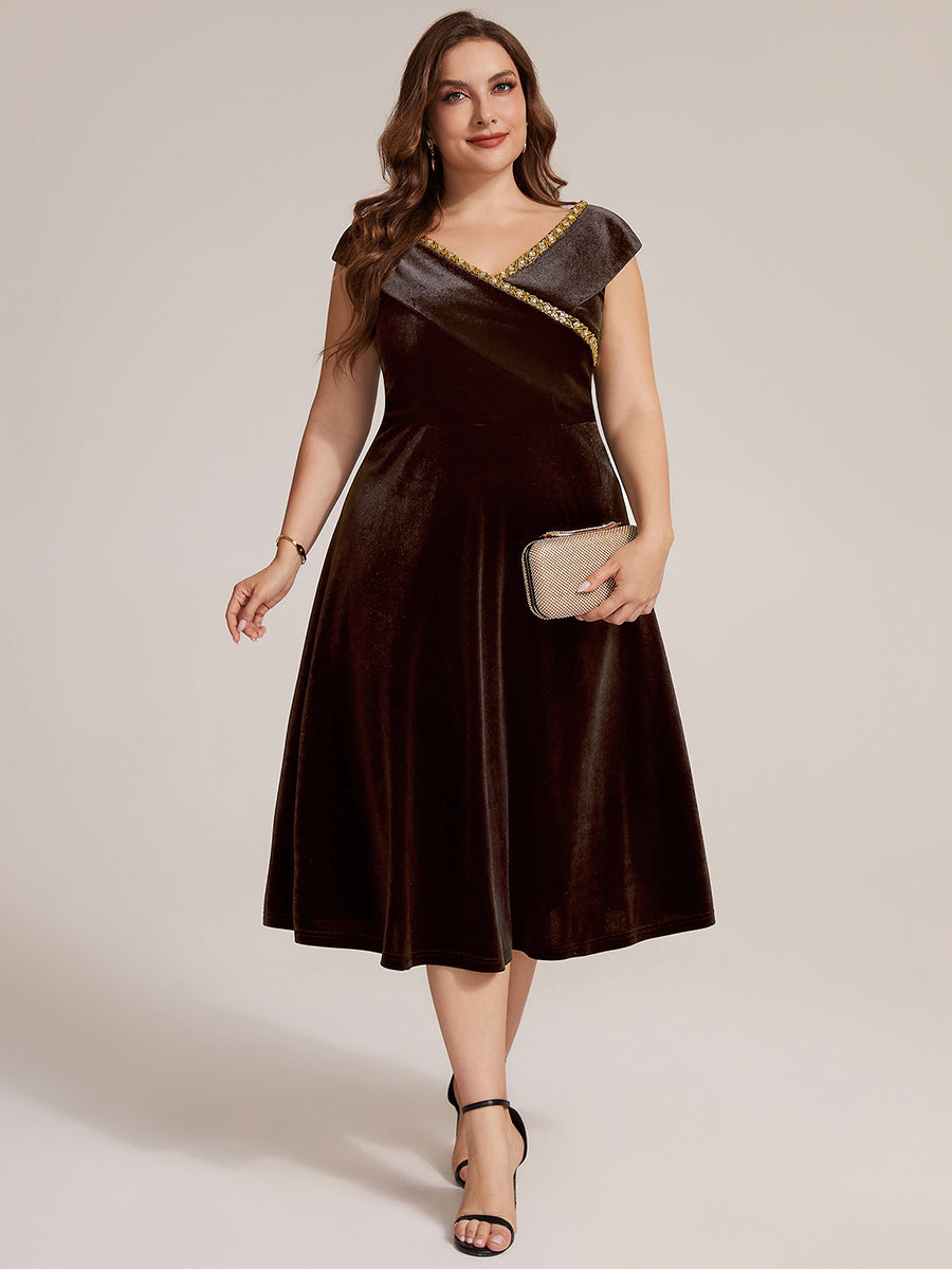 Plus Size Velvet Cap Sleeve Wedding Guest Dress #color_Brown