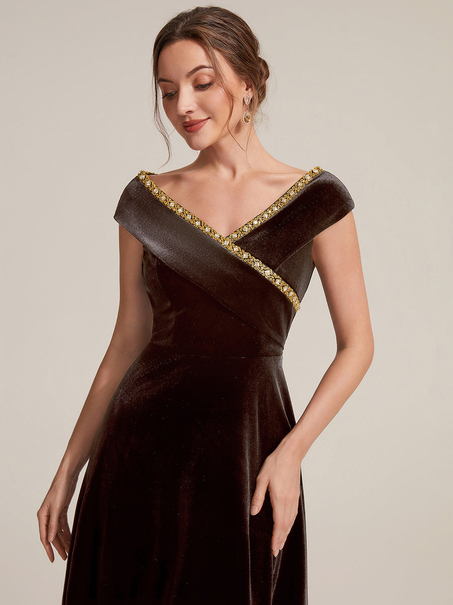 Velvet Cap Sleeve A-Line Wedding Guest Dress #color_Brown