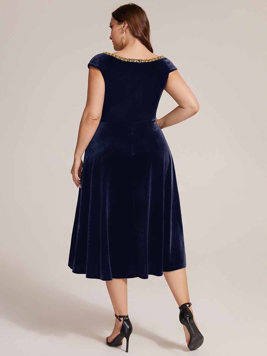 Velvet Cap Sleeve A-Line Wedding Guest Dress #color_Navy Blue