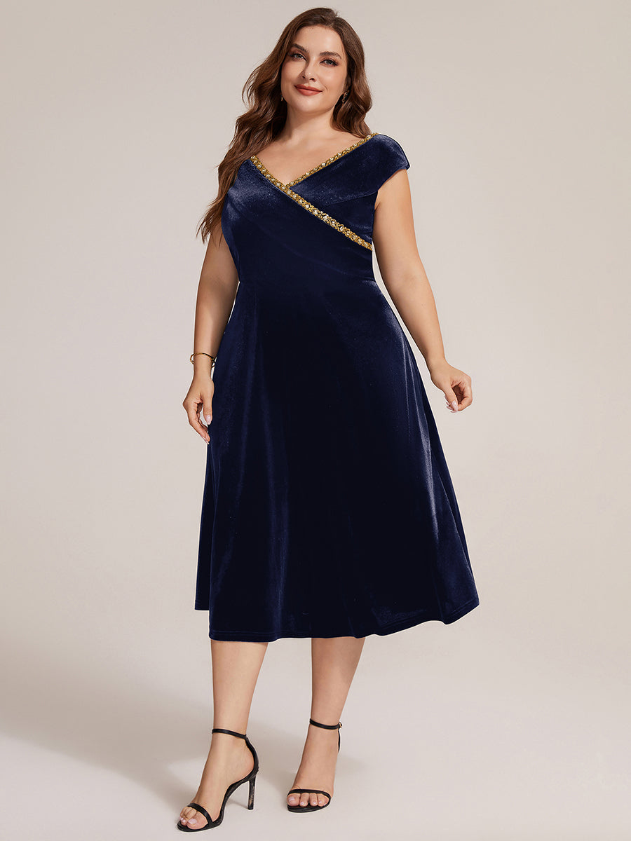 Plus Size Velvet Cap Sleeve Wedding Guest Dress #color_Navy Blue