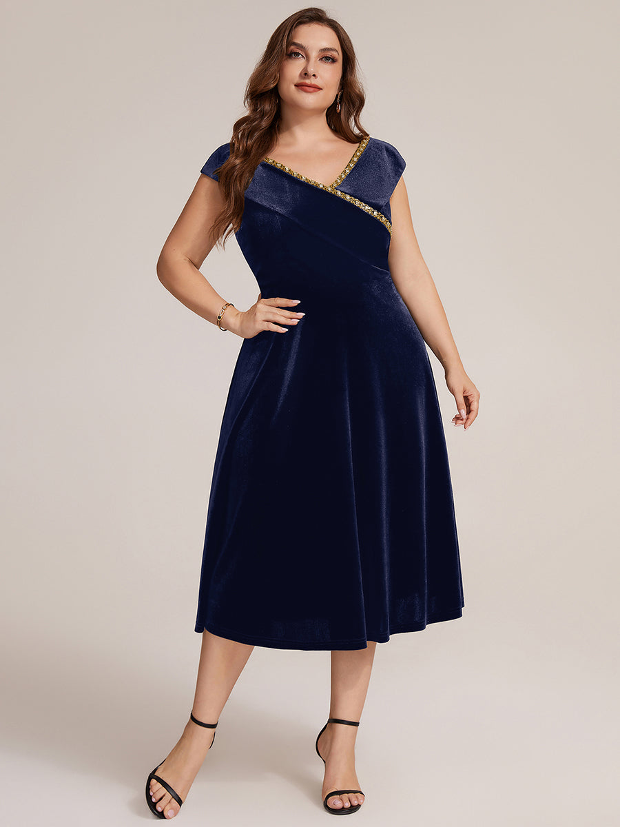 Plus Size Velvet Cap Sleeve Wedding Guest Dress #color_Navy Blue
