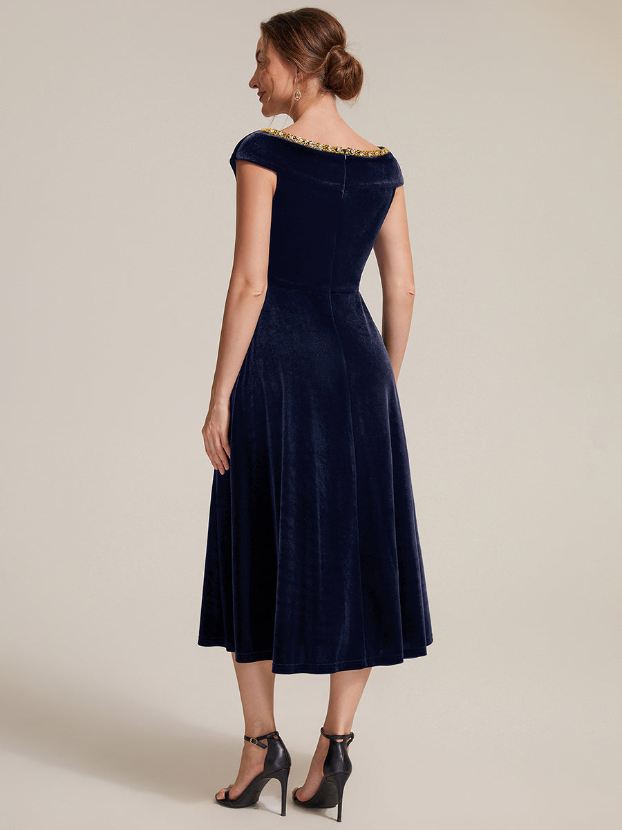 Velvet Cap Sleeve A-Line Wedding Guest Dress #color_Navy Blue