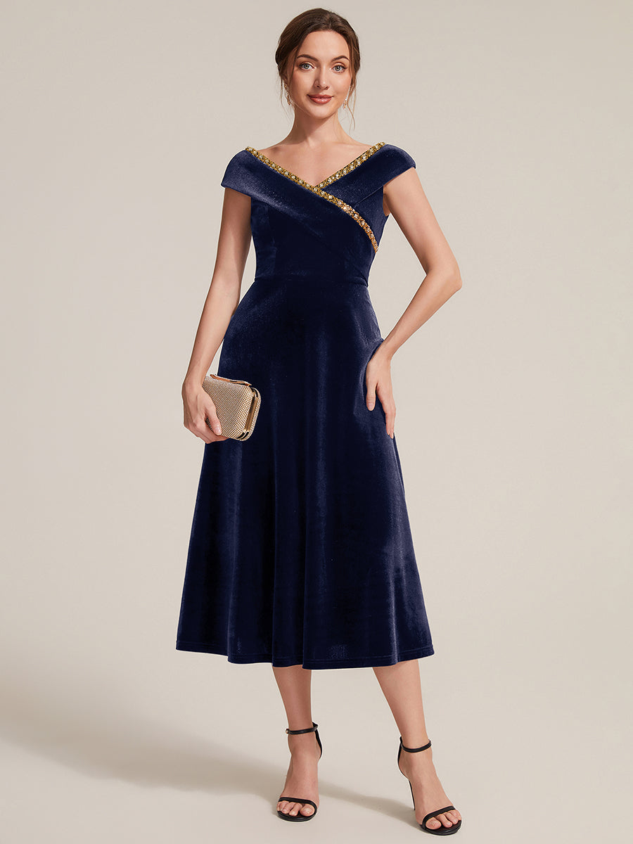 Velvet Cap Sleeve A-Line Wedding Guest Dress #color_Navy Blue