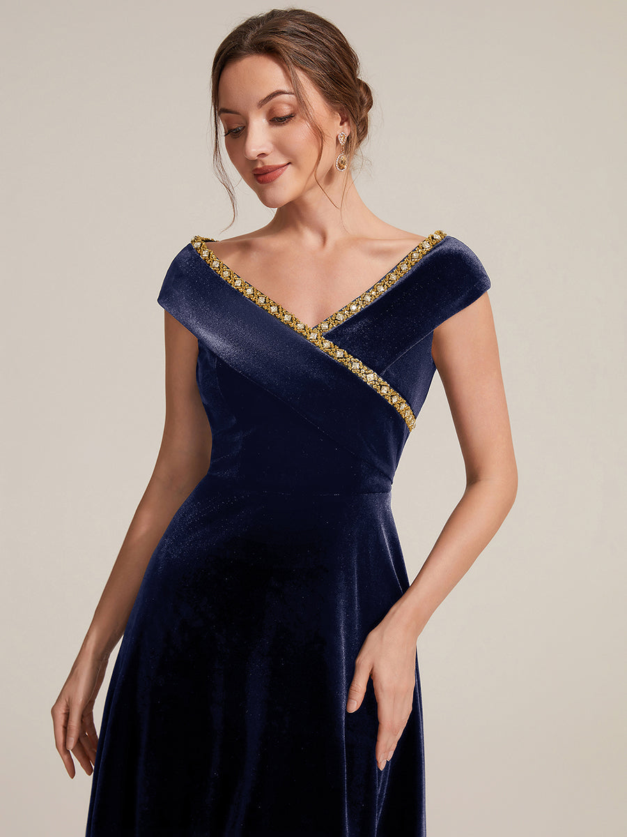 Velvet Cap Sleeve A-Line Wedding Guest Dress #color_Navy Blue