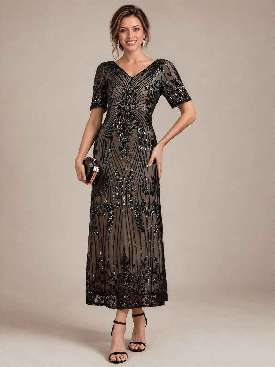 Sequin Fitted Sleeve Mermaid Wedding Guest Dress #color_Black