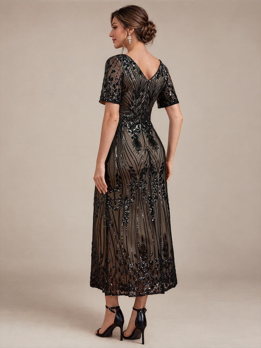 Sequin Fitted Sleeve Mermaid Wedding Guest Dress #color_Black