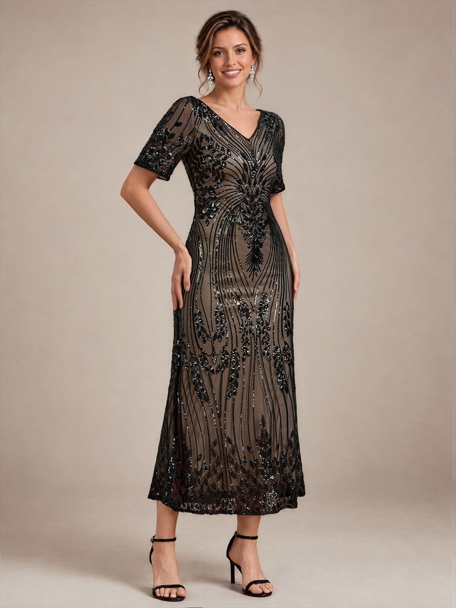 Sequin Fitted Sleeve Mermaid Wedding Guest Dress #color_Black