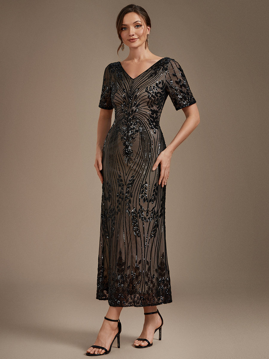 Sequin Fitted Sleeve Mermaid Wedding Guest Dress #color_Black