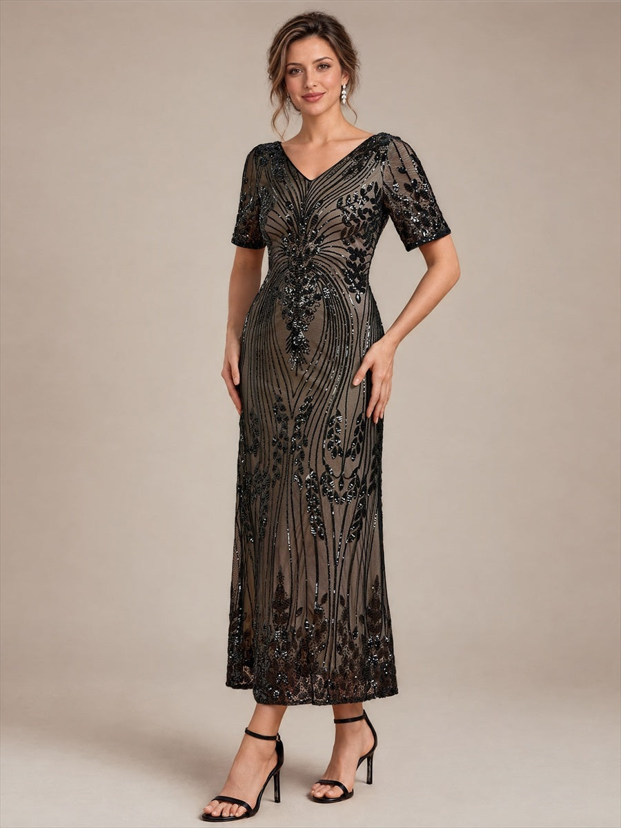 Sequin Fitted Sleeve Mermaid Wedding Guest Dress #color_Black