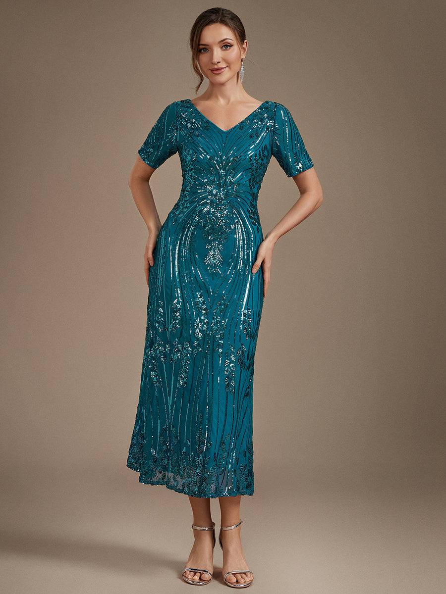 Sequin Fitted Sleeve Mermaid Wedding Guest Dress #color_Teal Blue