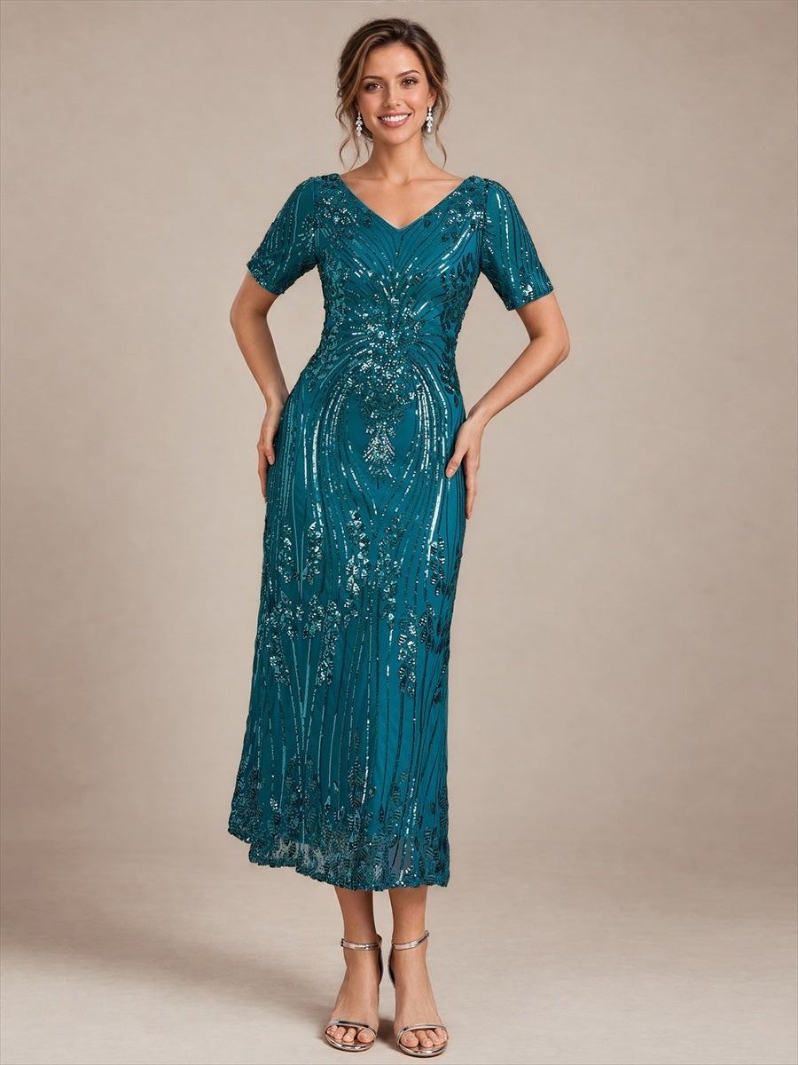 Sequin Fitted Sleeve Mermaid Wedding Guest Dress #color_Teal Blue