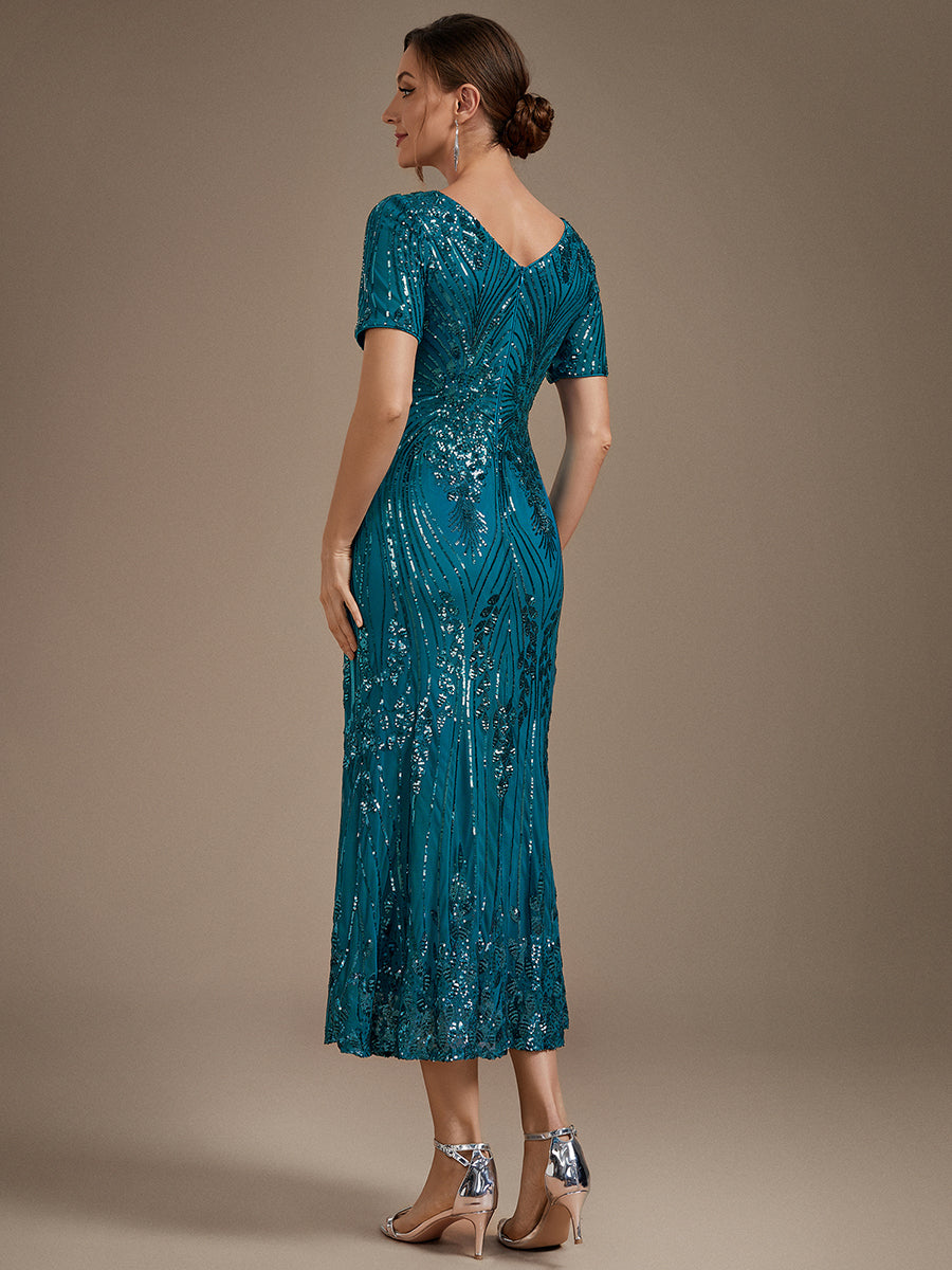 Sequin Fitted Sleeve Mermaid Wedding Guest Dress #color_Teal Blue