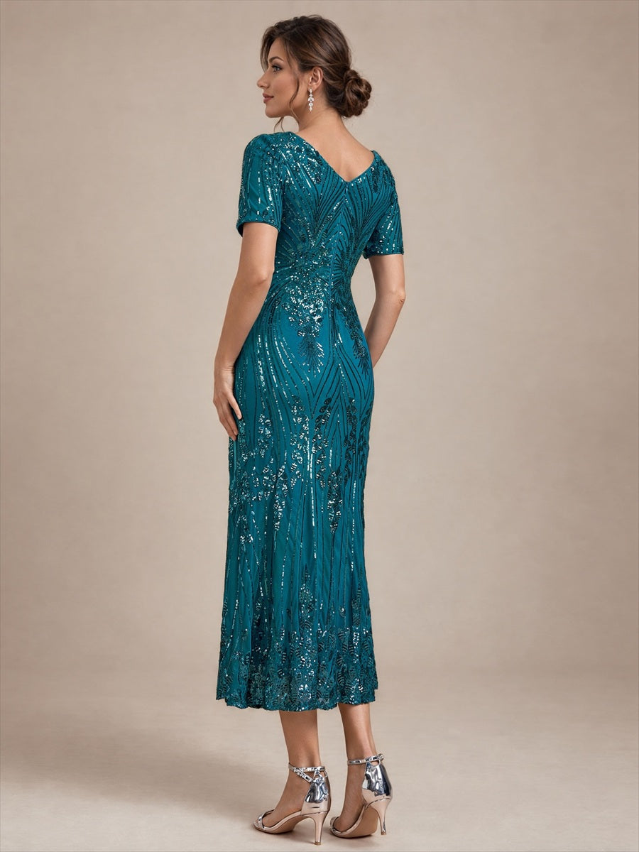 Sequin Fitted Sleeve Mermaid Wedding Guest Dress #color_Teal Blue