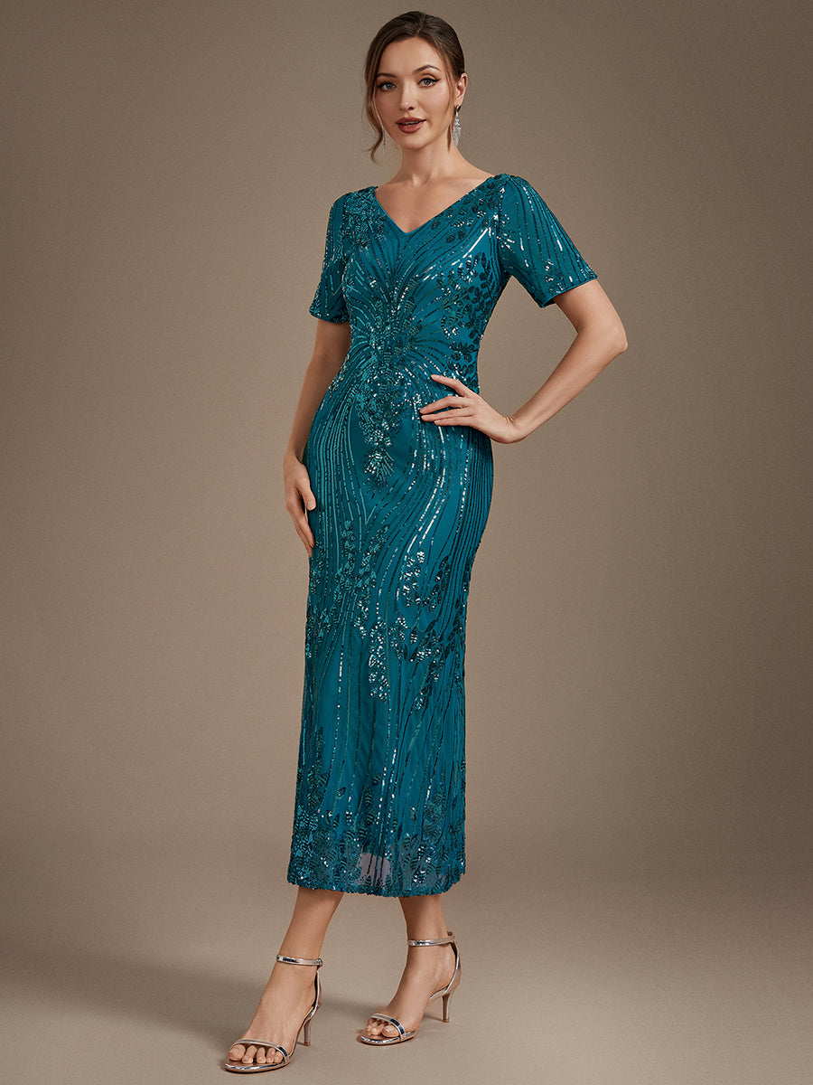 Sequin Fitted Sleeve Mermaid Wedding Guest Dress #color_Teal Blue
