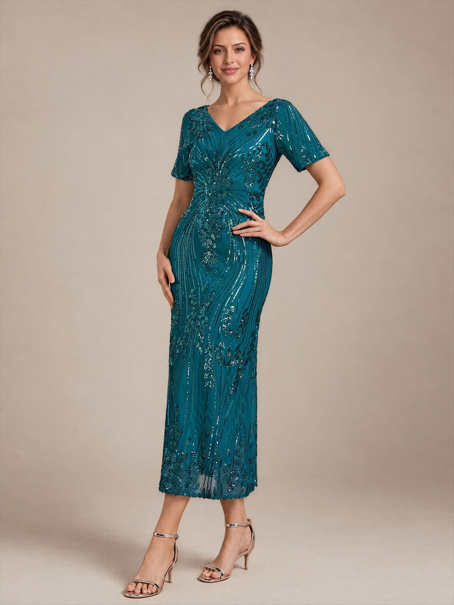 Sequin Fitted Sleeve Mermaid Wedding Guest Dress #color_Teal Blue