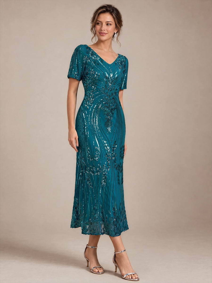 Sequin Fitted Sleeve Mermaid Wedding Guest Dress #color_Teal Blue