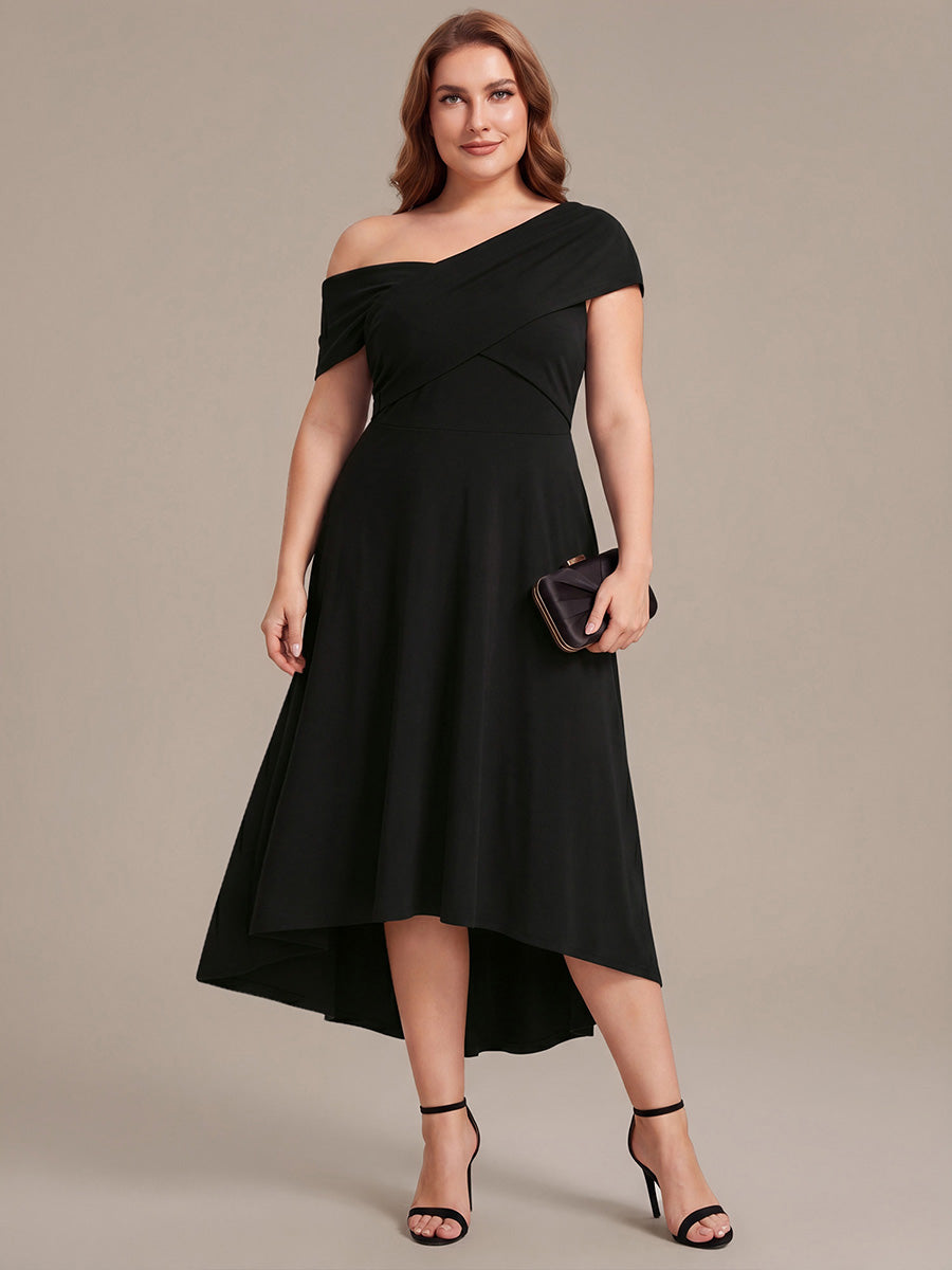 Plus Size Knit Off-the-shoulder Sleeve Wedding Guest Dress #color_Black
