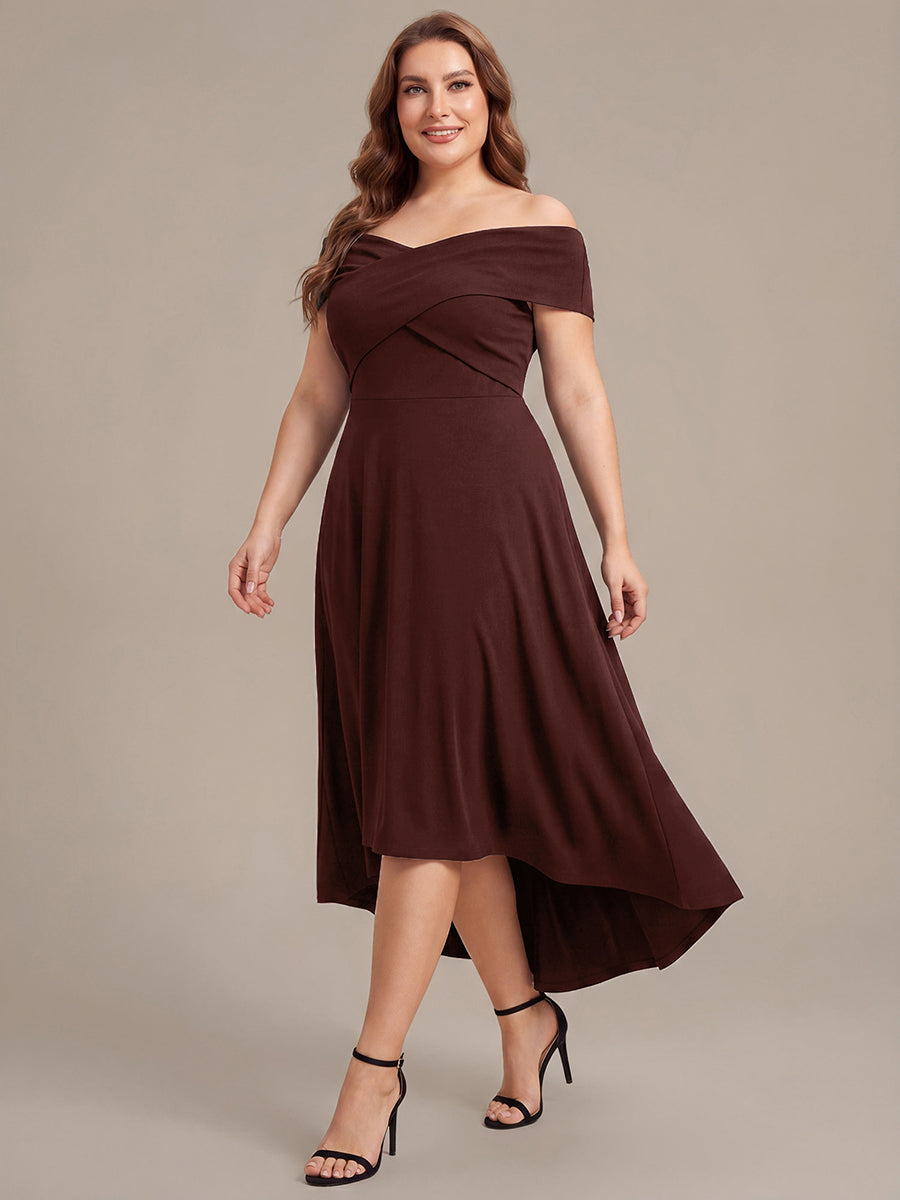 Plus Size Knit Off-the-shoulder Sleeve Wedding Guest Dress #color_Chocolate brown