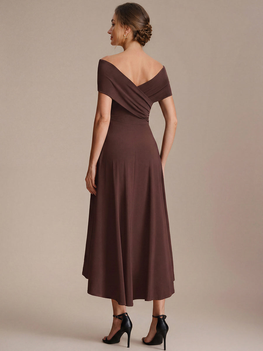 Knit Off-the-shoulder Sleeve A-Line Wedding Guest Dress #color_Chocolate brown