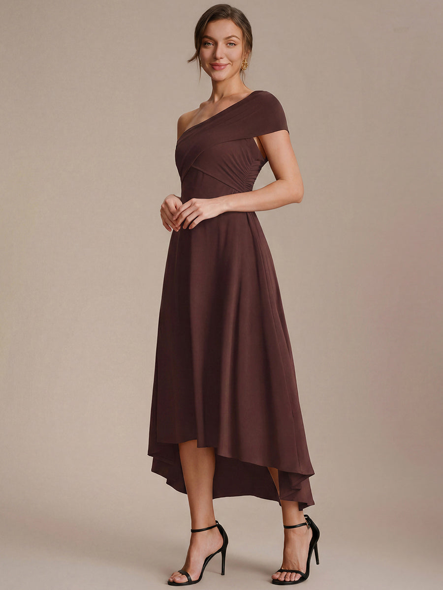 Knit Off-the-shoulder Sleeve A-Line Wedding Guest Dress #color_Chocolate brown