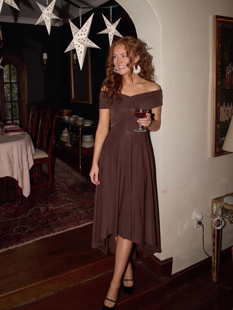 Knit Off-the-shoulder Sleeve A-Line Wedding Guest Dress #color_Chocolate brown