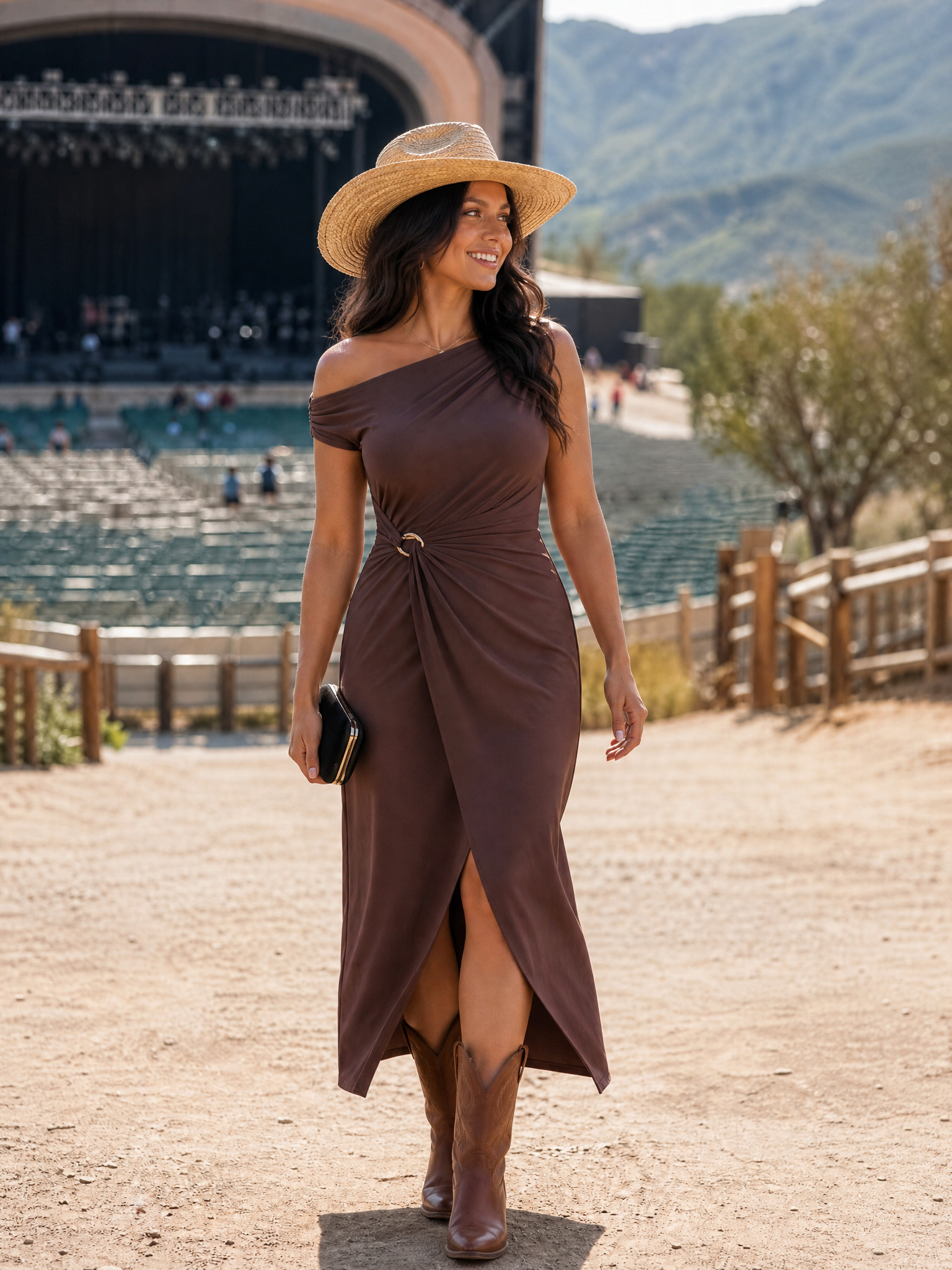 Knit Off-the-shoulder Sleeve Bodycon Wedding Guest Dress #color_Chocolate Brown