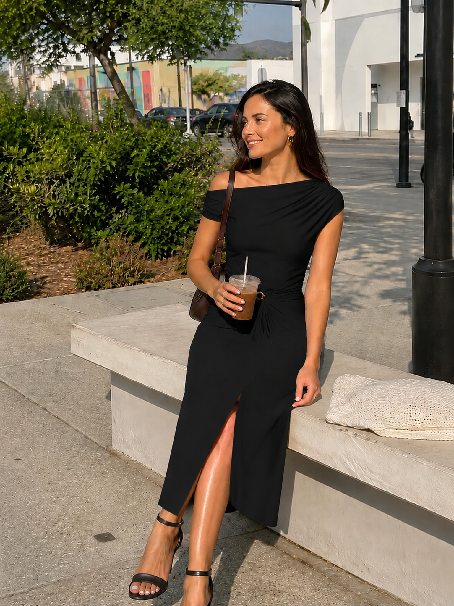 Knit Off-the-shoulder Sleeve Bodycon Wedding Guest Dress #color_Black