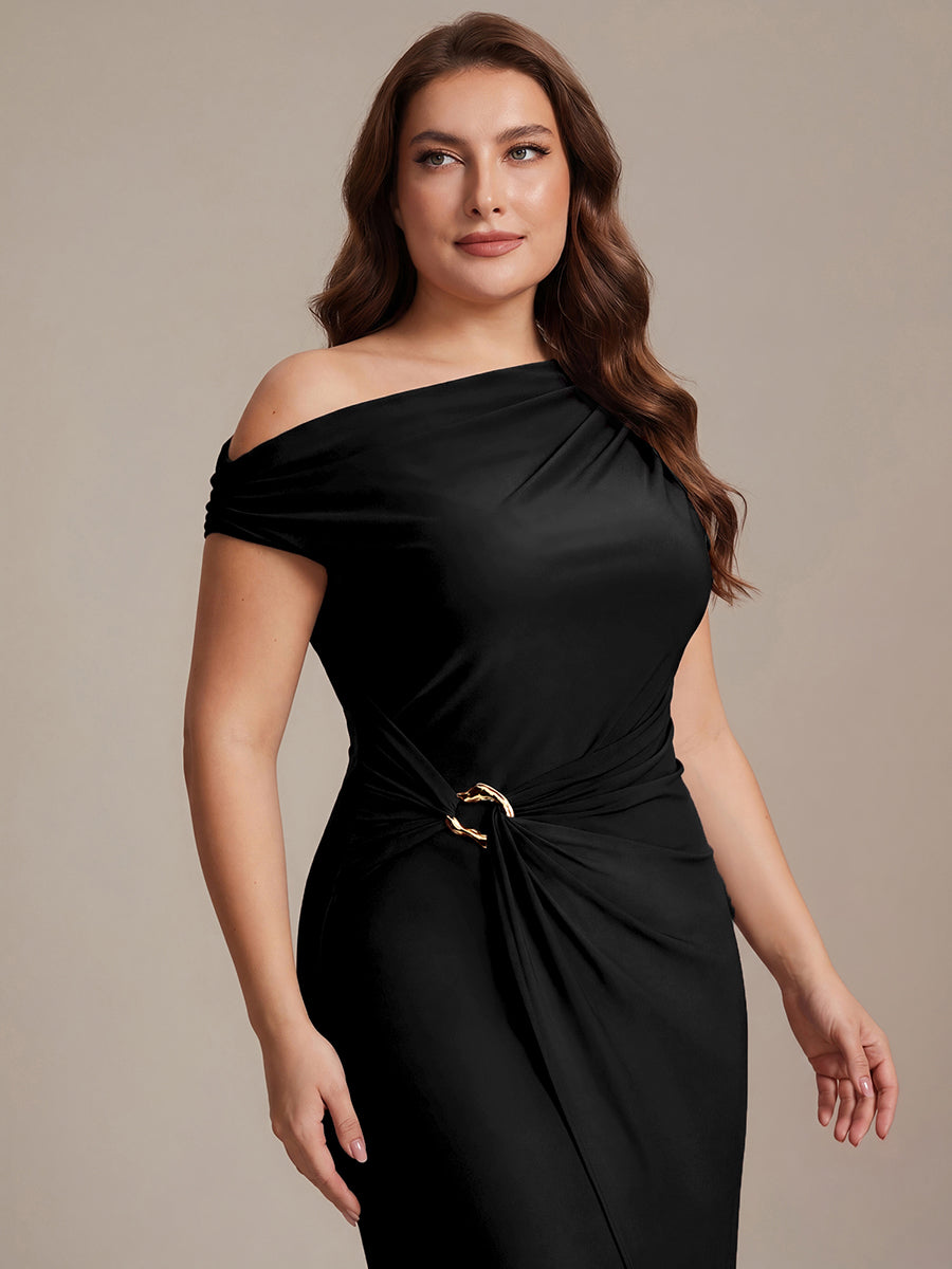 Knit Off-the-shoulder Sleeve Bodycon Wedding Guest Dress #color_Black