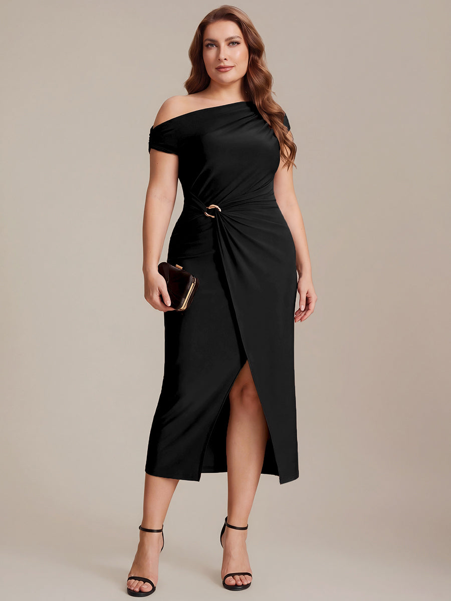 Plus Size Handkerchief Hem Knit Wedding Guest Dress #color_Black