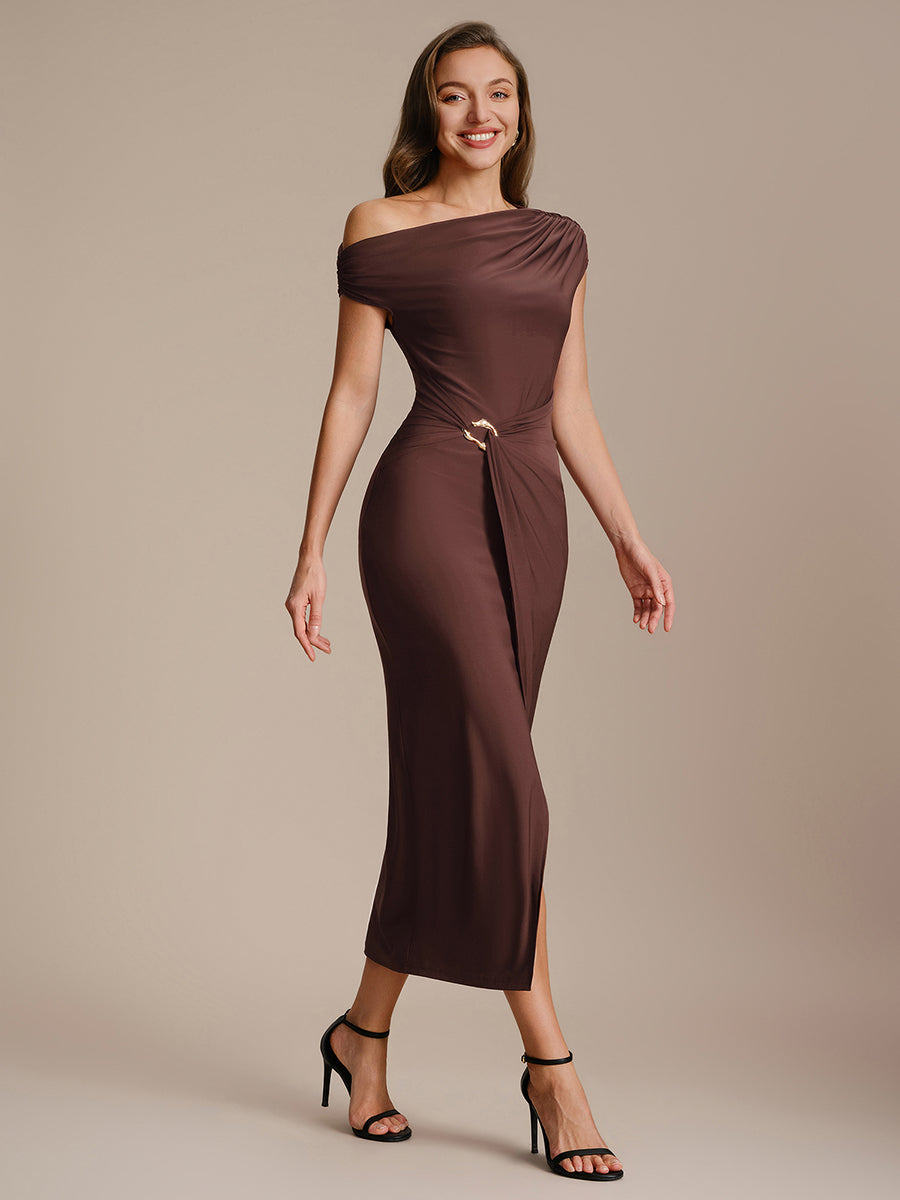 Knit Off-the-shoulder Sleeve Bodycon Wedding Guest Dress #color_Chocolate Brown