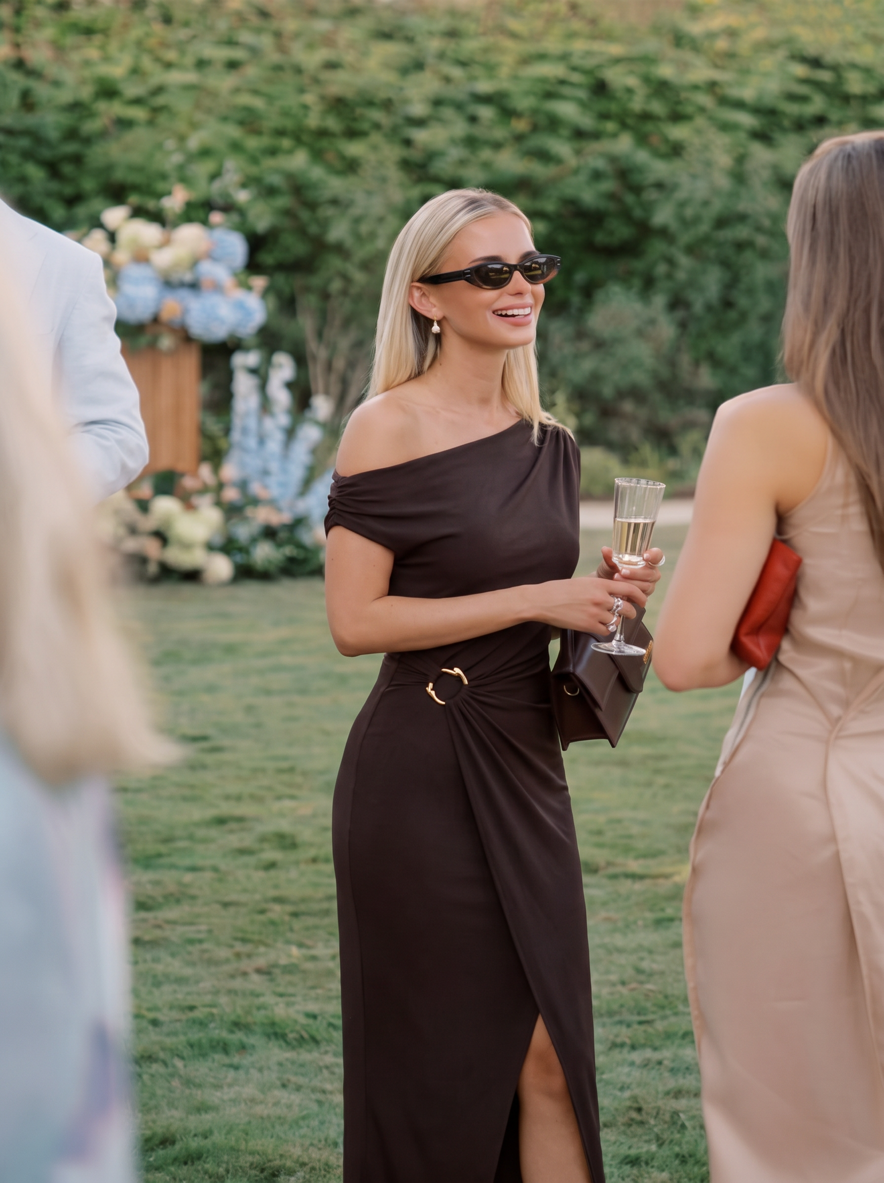 Knit Off-the-shoulder Sleeve Bodycon Wedding Guest Dress #color_Chocolate Brown