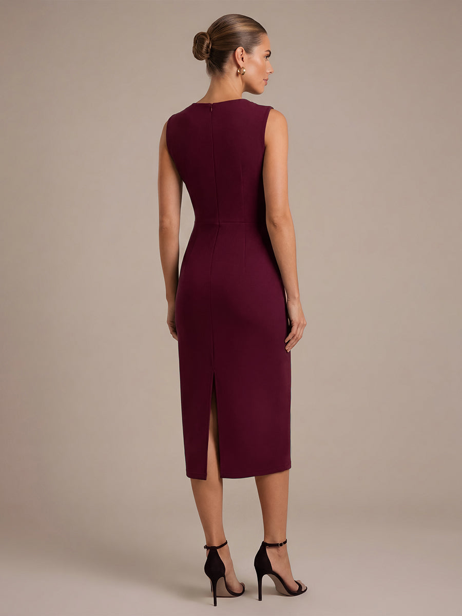Crepe Sleeveless Sheath Wedding Guest Dress #color_Burgundy